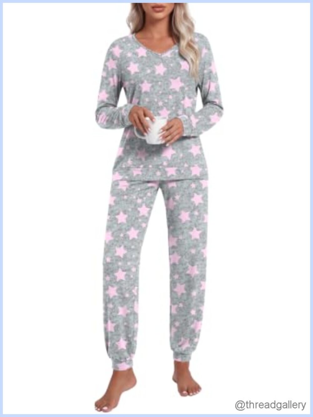 Women's 2 Piece Pajama Set Long Sleeve V-Neck Top Jogger Pants Lounge Sleepwear